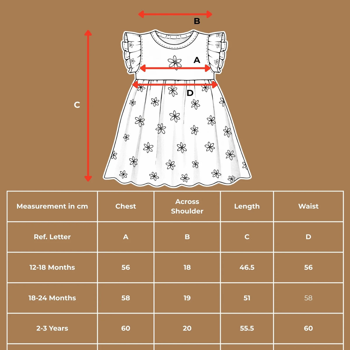 Size chart diagram and measurements table in centimeters for the organic cotton mauve floral print dress and bow