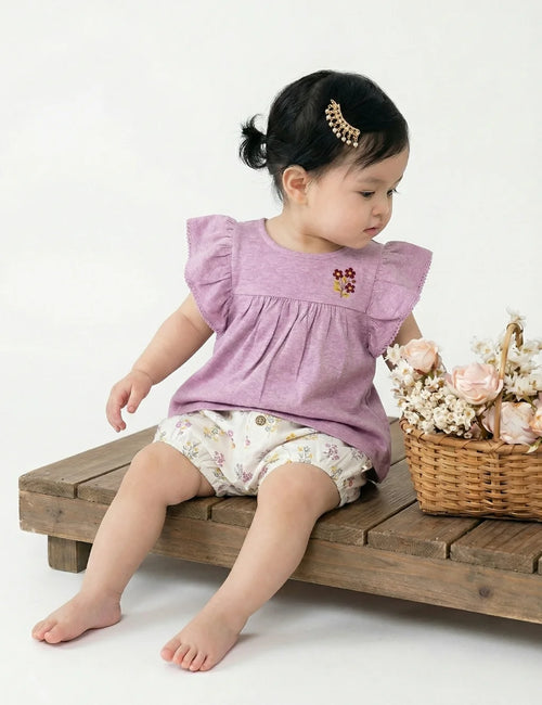 Organic Cotton Tunic Top & Shorts Set – Lavender Melange & Posie Floral Print