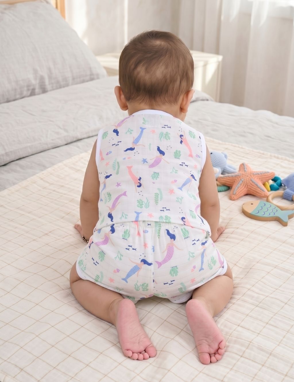 Back view of a baby crawling on a bed and wearing an organic cotton sleeveless onesie with a playful mermaid print.