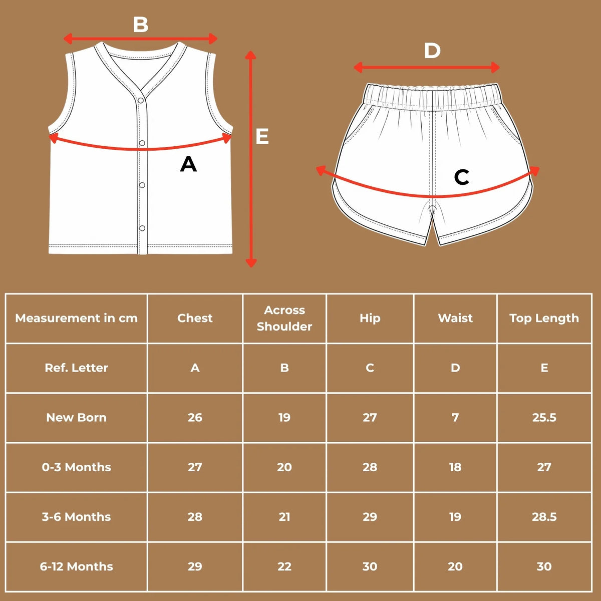 Size chart diagram and measurements table in centimeters for the organic cotton mermaid print sleeveless onesie