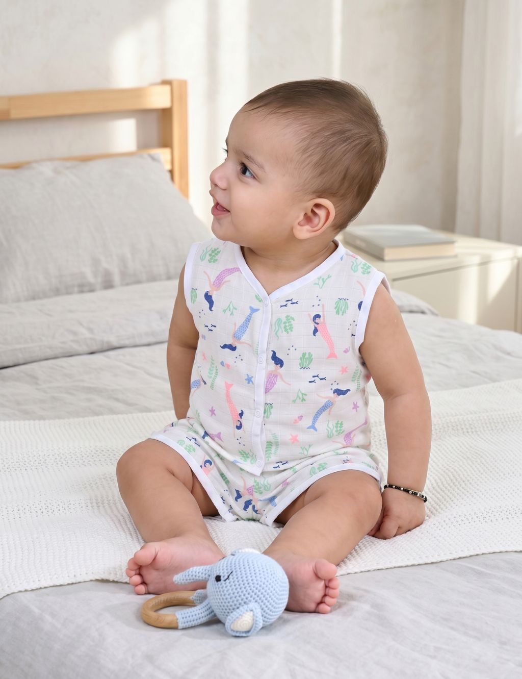 Baby sitting on a bed and wearing an organic cotton sleeveless onesie with a playful mermaid print