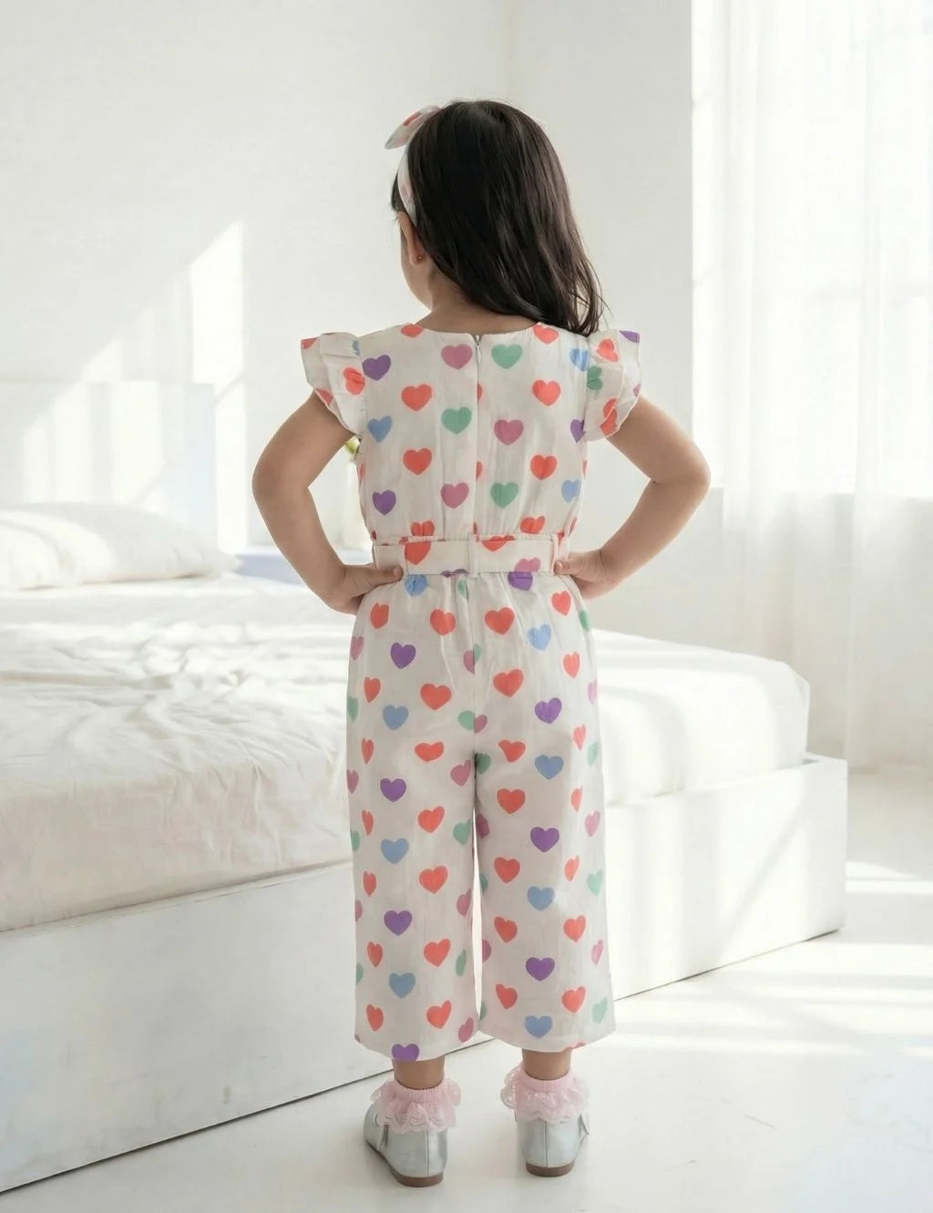 Back view of a young girl standing in a bedroom, wearing an organic cotton white jumpsuit with a multi-colored heart print, ruffled sleeves, and a matching belt
