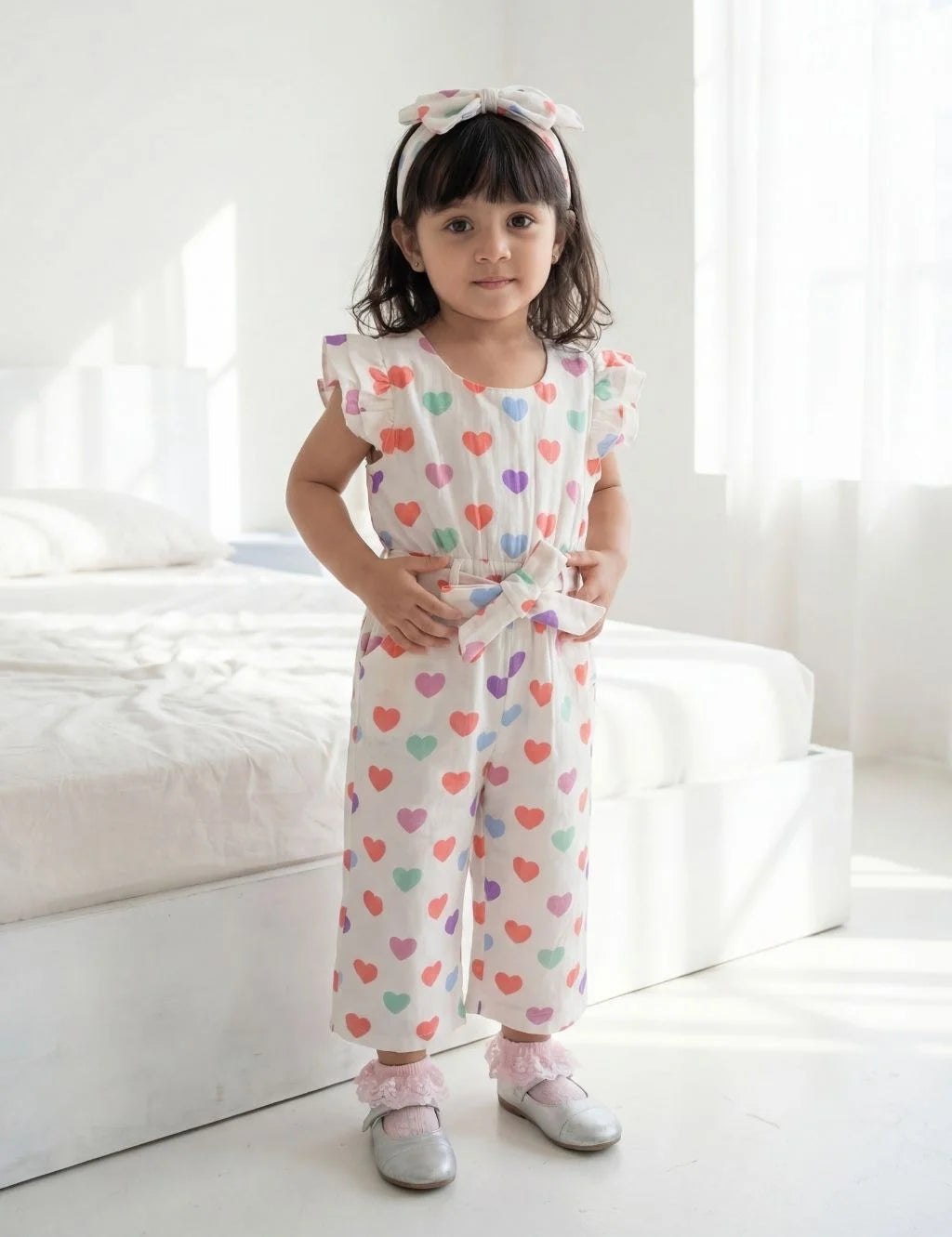 Young girl standing in a bedroom facing the camera, wearing an organic cotton white jumpsuit with a multi-colored heart print, ruffled sleeves, a waist tie, and a matching headband.