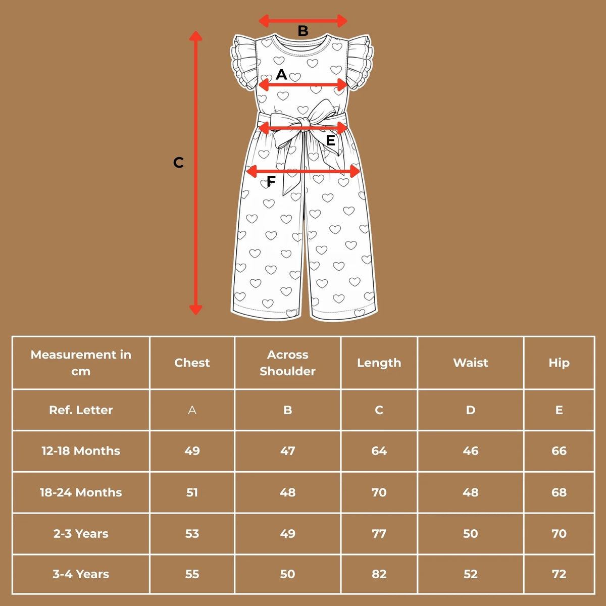 Size chart diagram and measurement table in centimeters for the organic cotton multi-color heart print jumpsuit, covering ages 12 months to 4 years