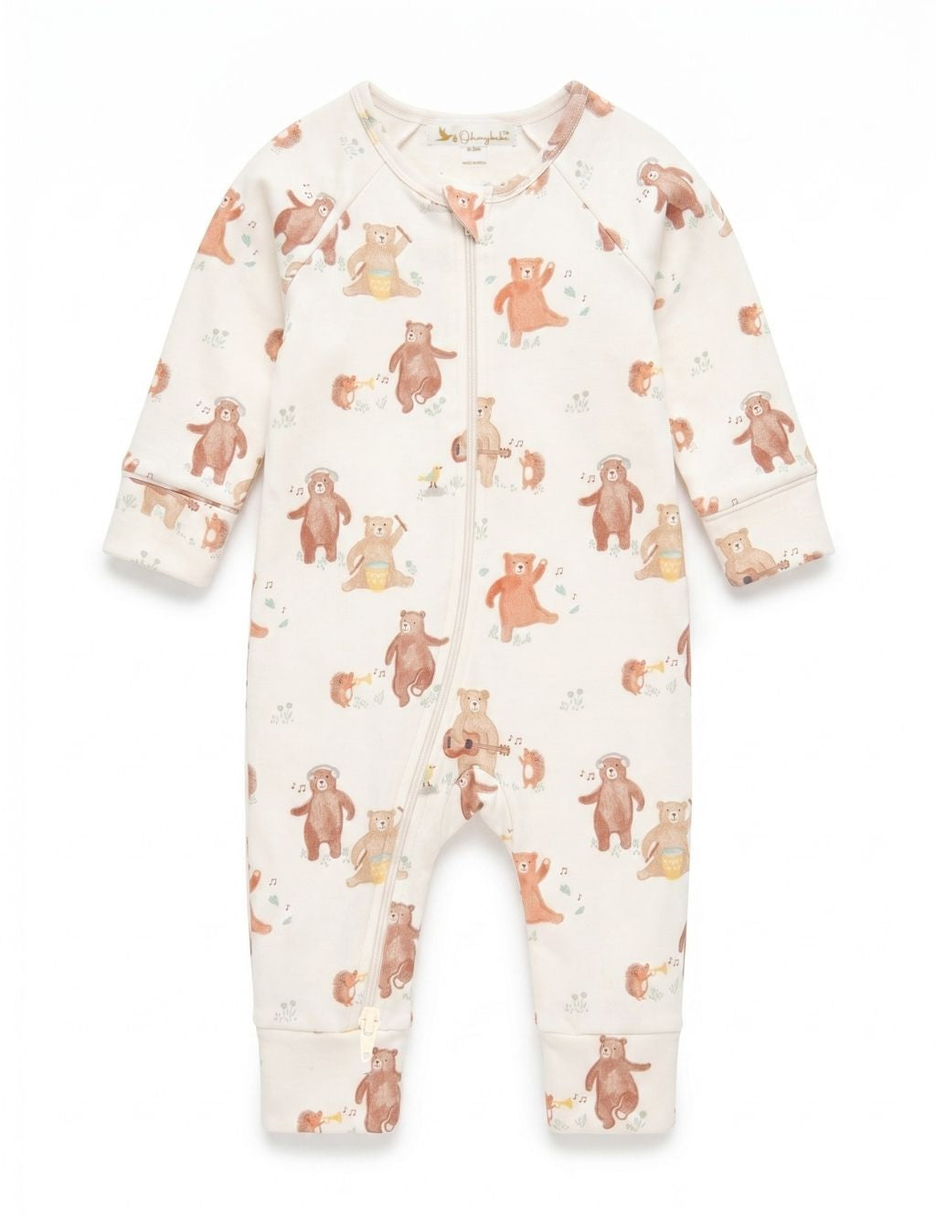 Flatlay of an organic cotton footie romper featuring an all-over musical bear print and a front zipper.