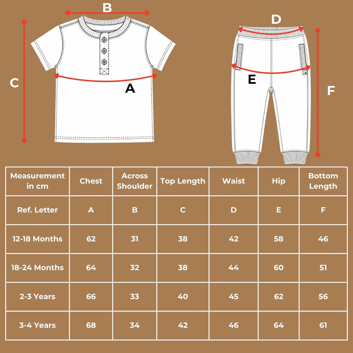 Size chart diagram and measurements table in centimeters for the organic cotton nautical print t-shirt and shorts set