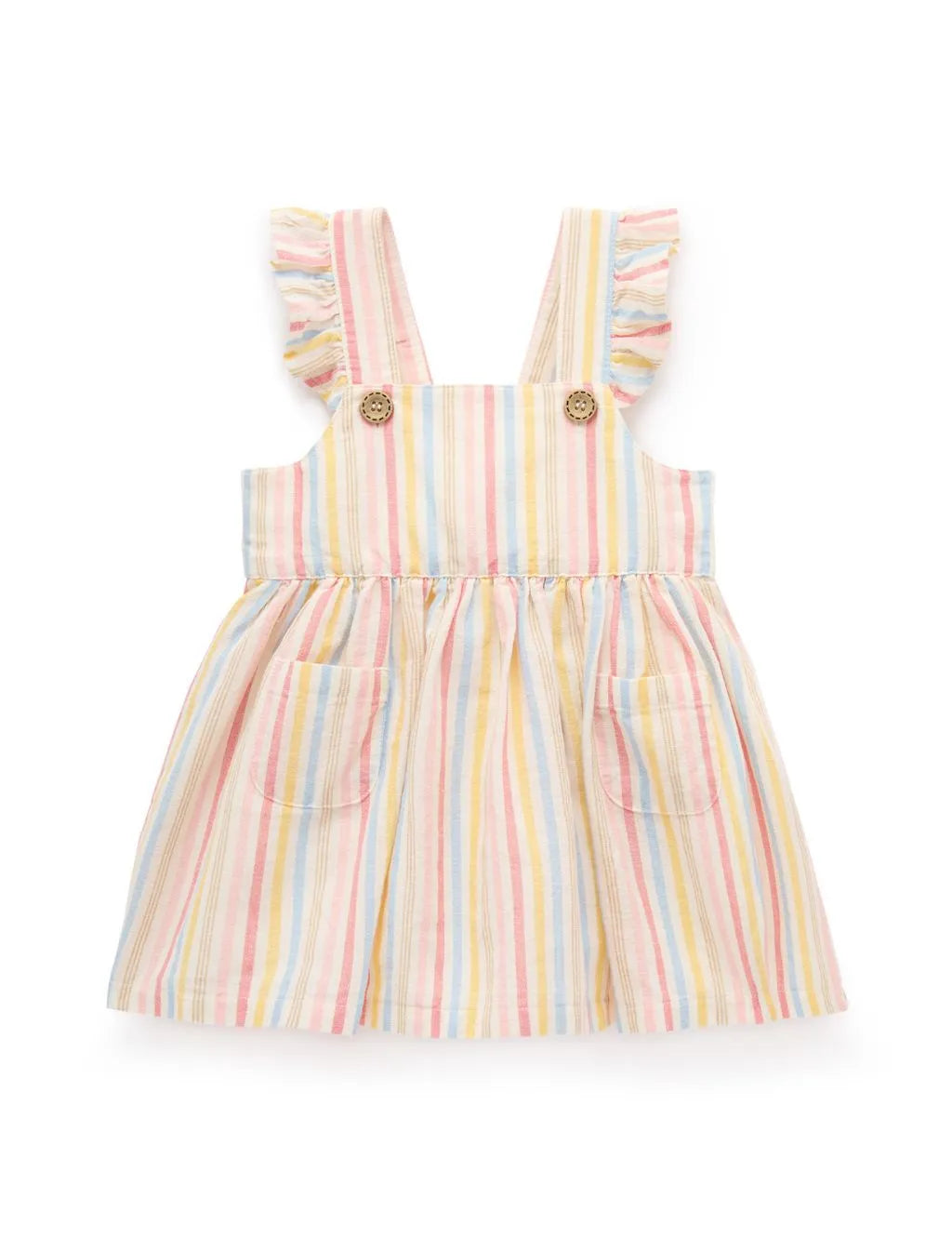 Flatlay of an organic cotton pastel striped pinafore dress with front buttons and pockets against a white background.