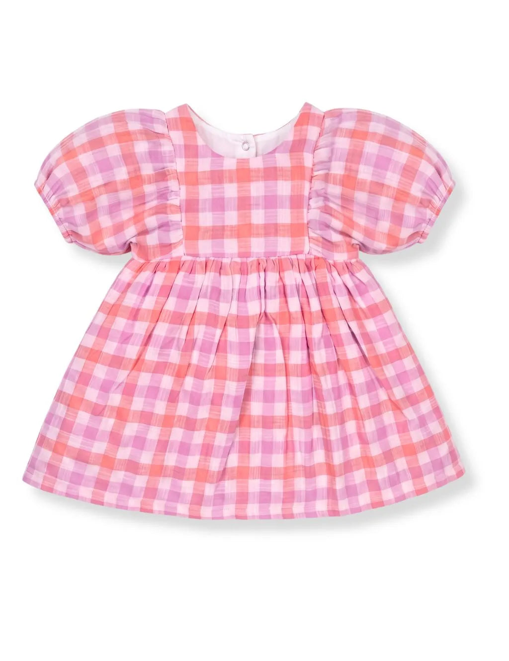 Flatlay of an organic cotton pink and purple checkered short-sleeve dress with puffed sleeves and a back snap closure
