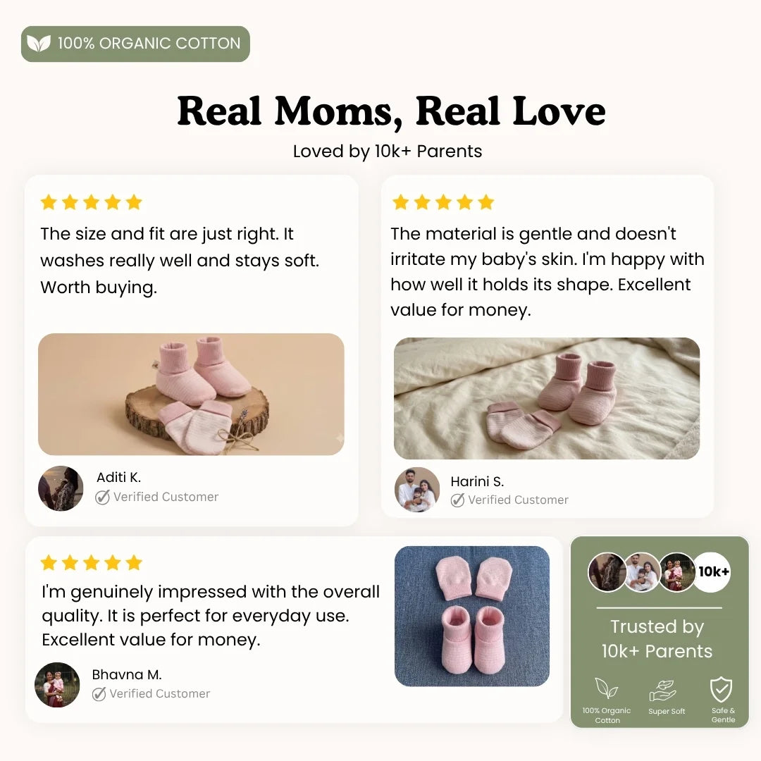 Customer reviews graphic featuring 5-star ratings and photos of pink organic cotton baby booties and mittens sets