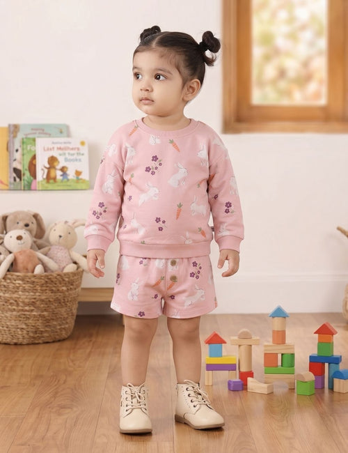 Organic Cotton Sweat Tee with Shorts - Blossom / Hungry Bunny Print