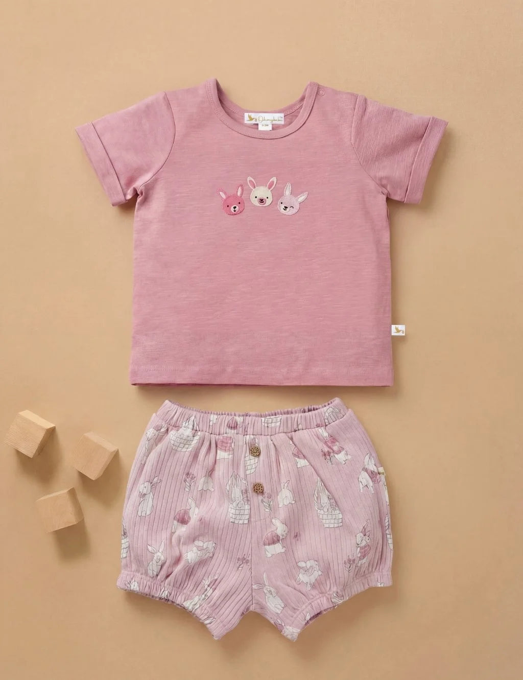 Two-piece organic cotton baby set featuring a pink tee with bunny embroidery and matching patterned pink shorts.