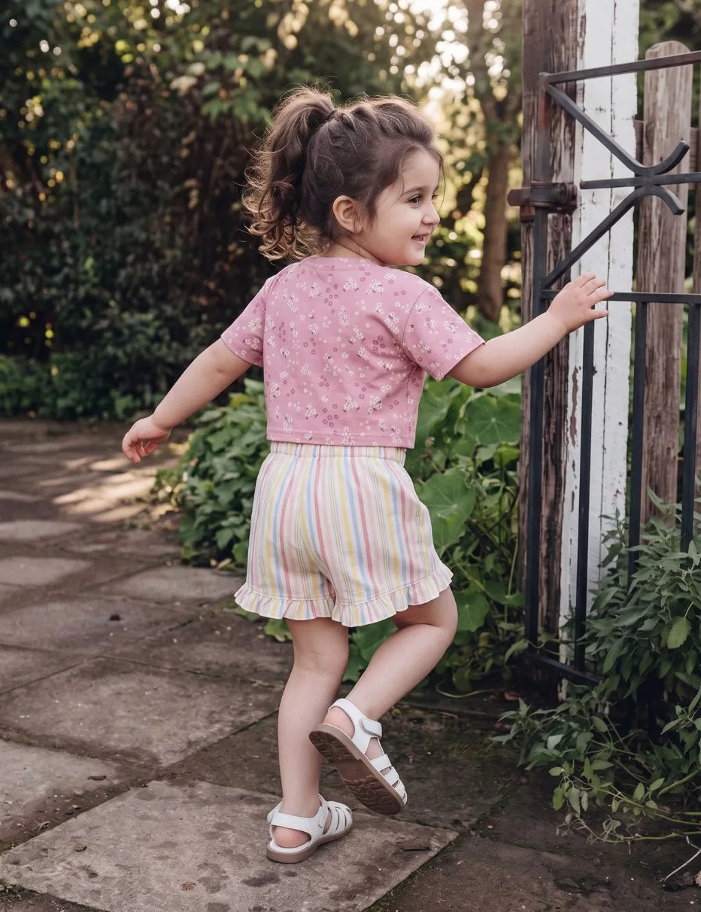 Back view of a little girl wearing an organic cotton pink floral t-shirt and striped shorts near an outdoor gate.