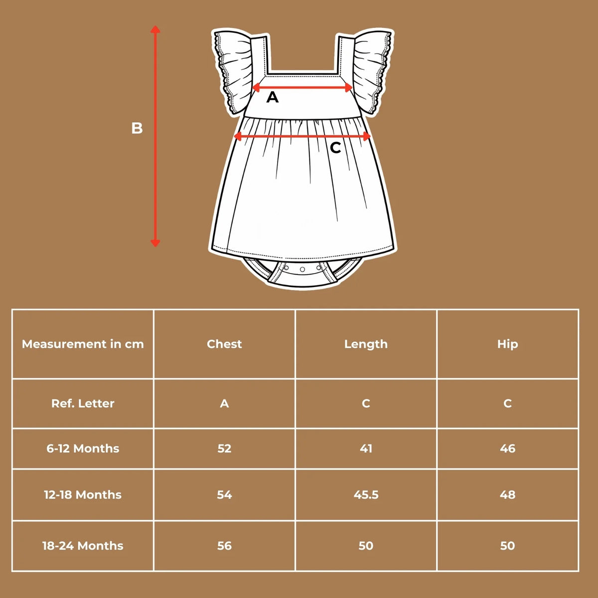 Size chart diagram and measurements table in centimeters for the organic cotton pink gingham embroidered dress.