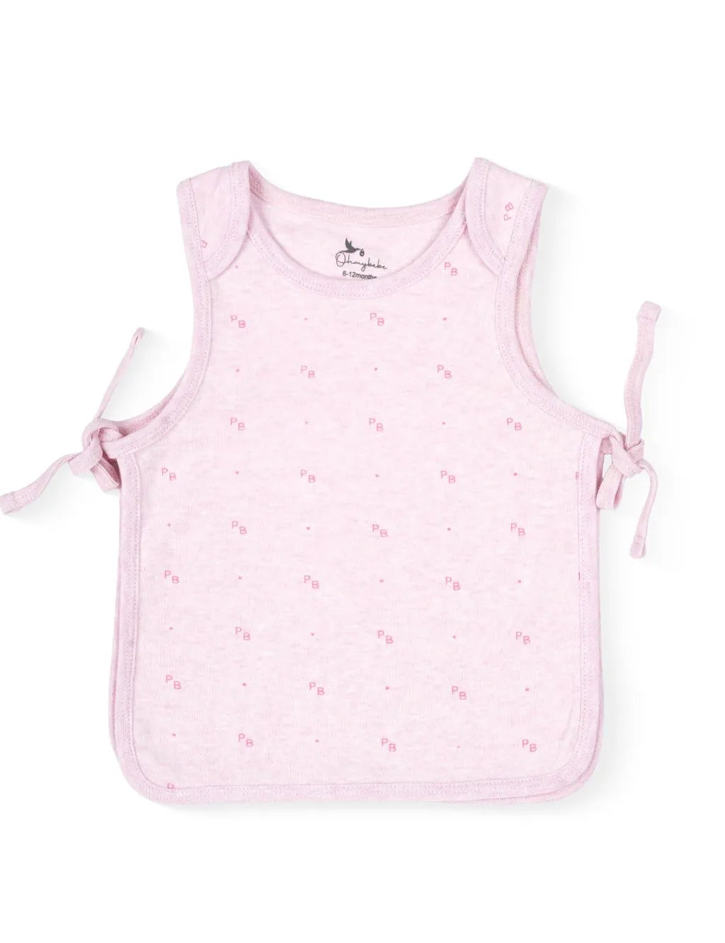 Flatlay of an organic cotton pink sleeveless top featuring an all-over letter print and side tie closure straps