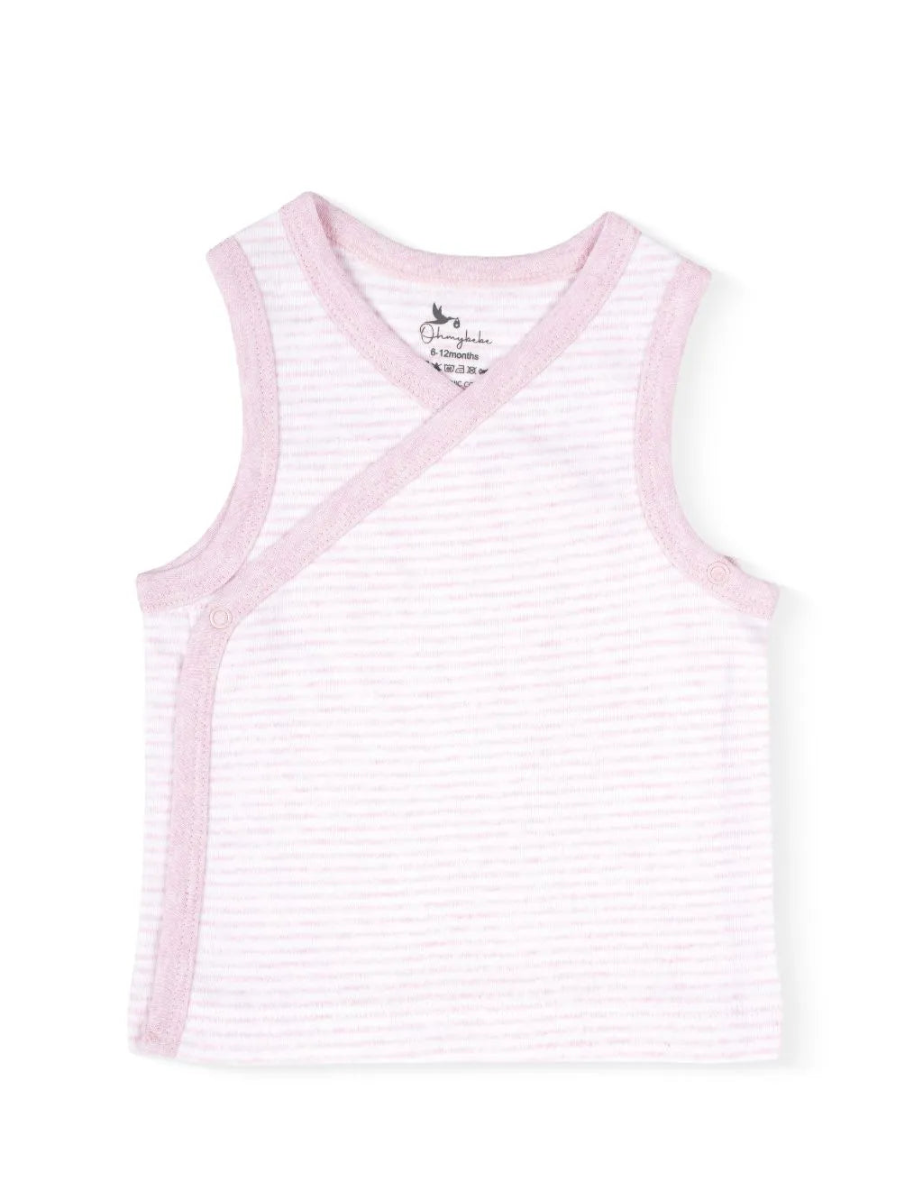 Flatlay of an organic cotton pink striped sleeveless top featuring a side snap closure and pink trim