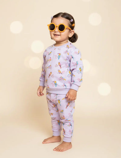 Organic Cotton Sweat Tee with Pant Set - Mother of Pearl / Parrot Print