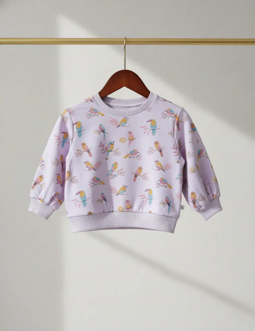 Organic Cotton Sweat Tee with Pant Set - Mother of Pearl / Parrot Print