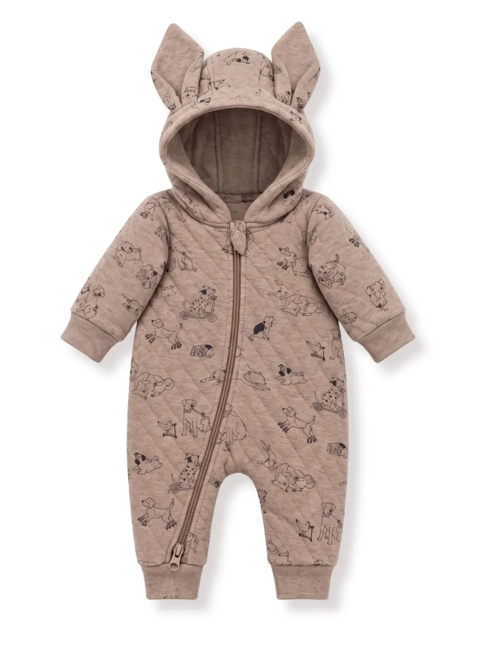 Quilted beige hooded baby romper with allover dog print, front zipper, and 3D animal ears on a white background