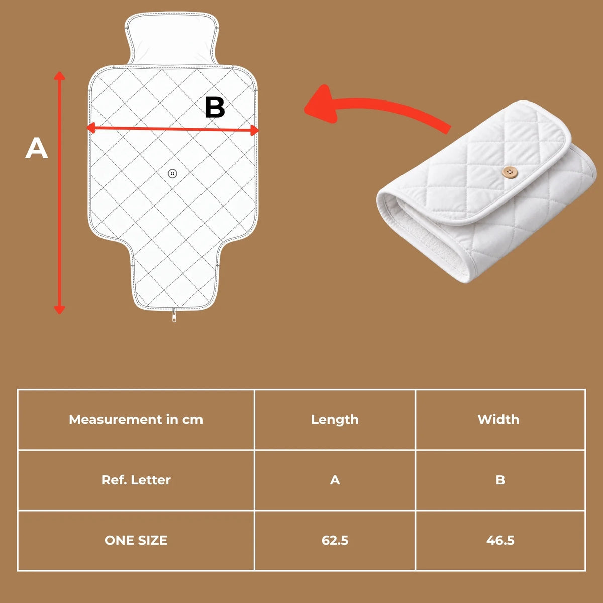 Size chart diagram and measurement table for the organic cotton red floral quilted diaper changing pad in cm