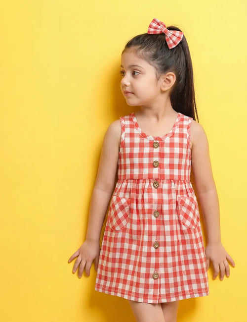 Stylish Baby Girl Checkered Dress with Hairclip - Organic Linen Cotton