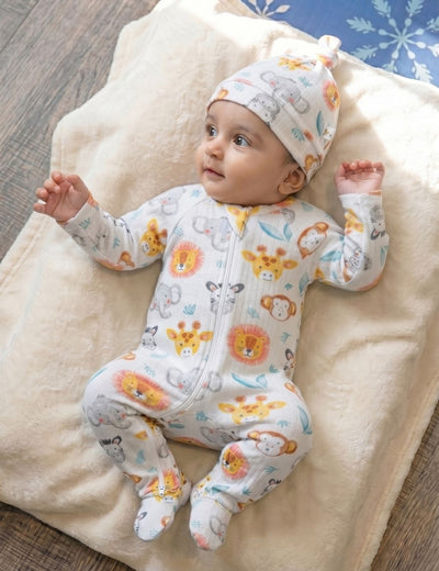 Organic Cotton Zip Romper & Knot Hat Set – Animal Print