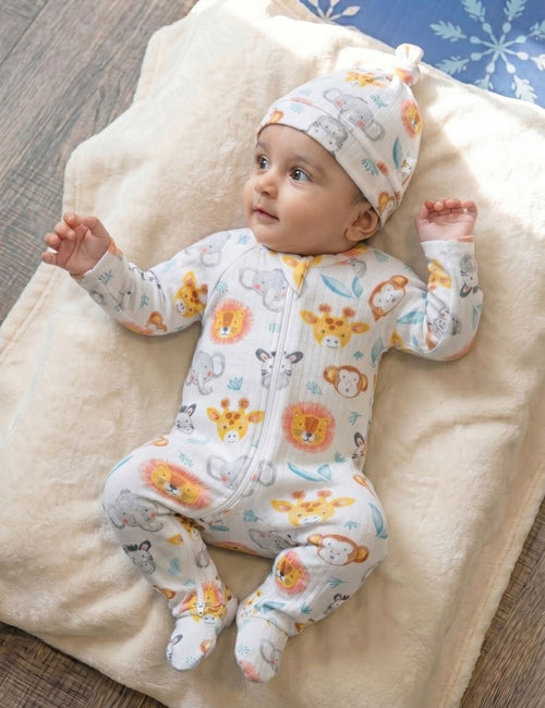Organic Cotton Zip Romper & Knot Hat Set – Animal Print