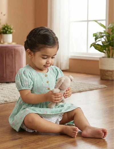 Organic Cotton Seafoam Floral Baby Girl Dress Set with Bloomer