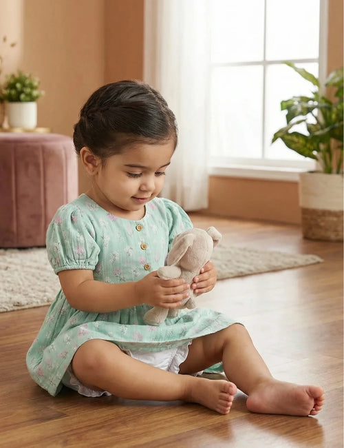 Organic Cotton Seafoam Floral Baby Girl Dress Set with Bloomer