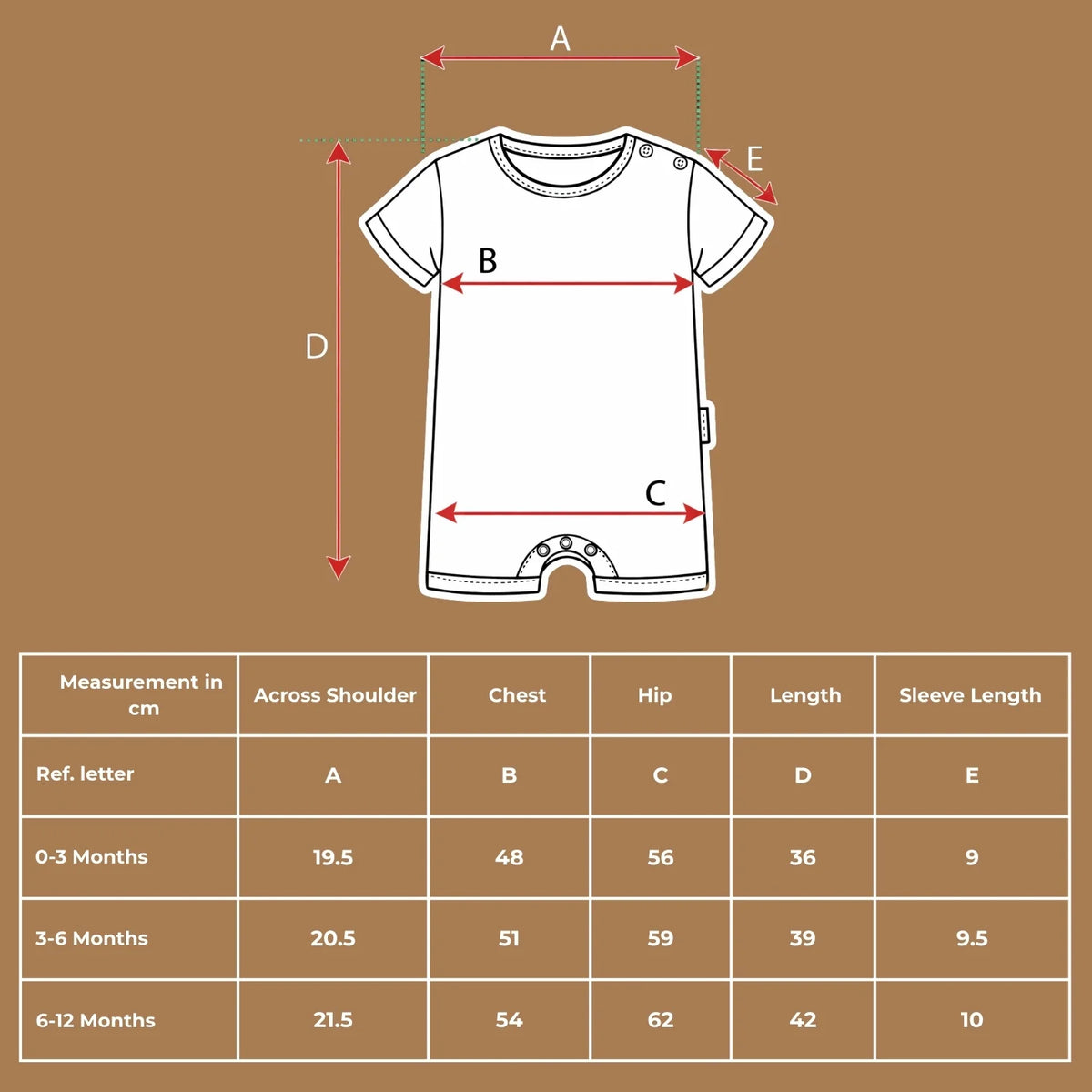 Size chart diagram and measurements table in centimeters for the organic cotton sea creature print shortie jumpsuit.