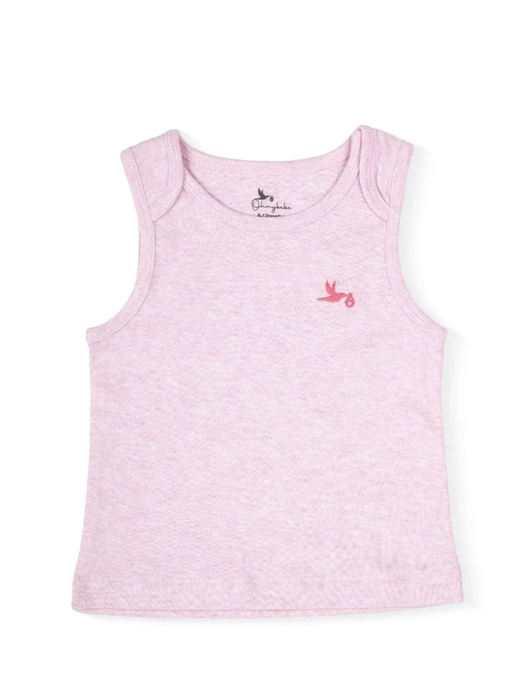 Flatlay of an organic cotton solid pink sleeveless top featuring a subtle embroidered bird logo on the chest.