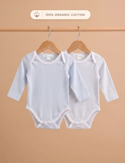 Organic Cotton Long sleeve bodysuit 2-pack-Striped Blue & Grey