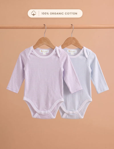 Organic Cotton Long sleeve bodysuit 2-pack-Striped Pink & Grey