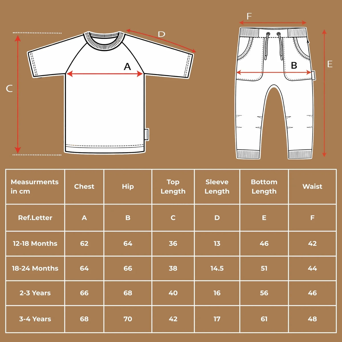 Size chart diagram and measurements table in centimeters for the organic cotton t-shirt and cargo pants set