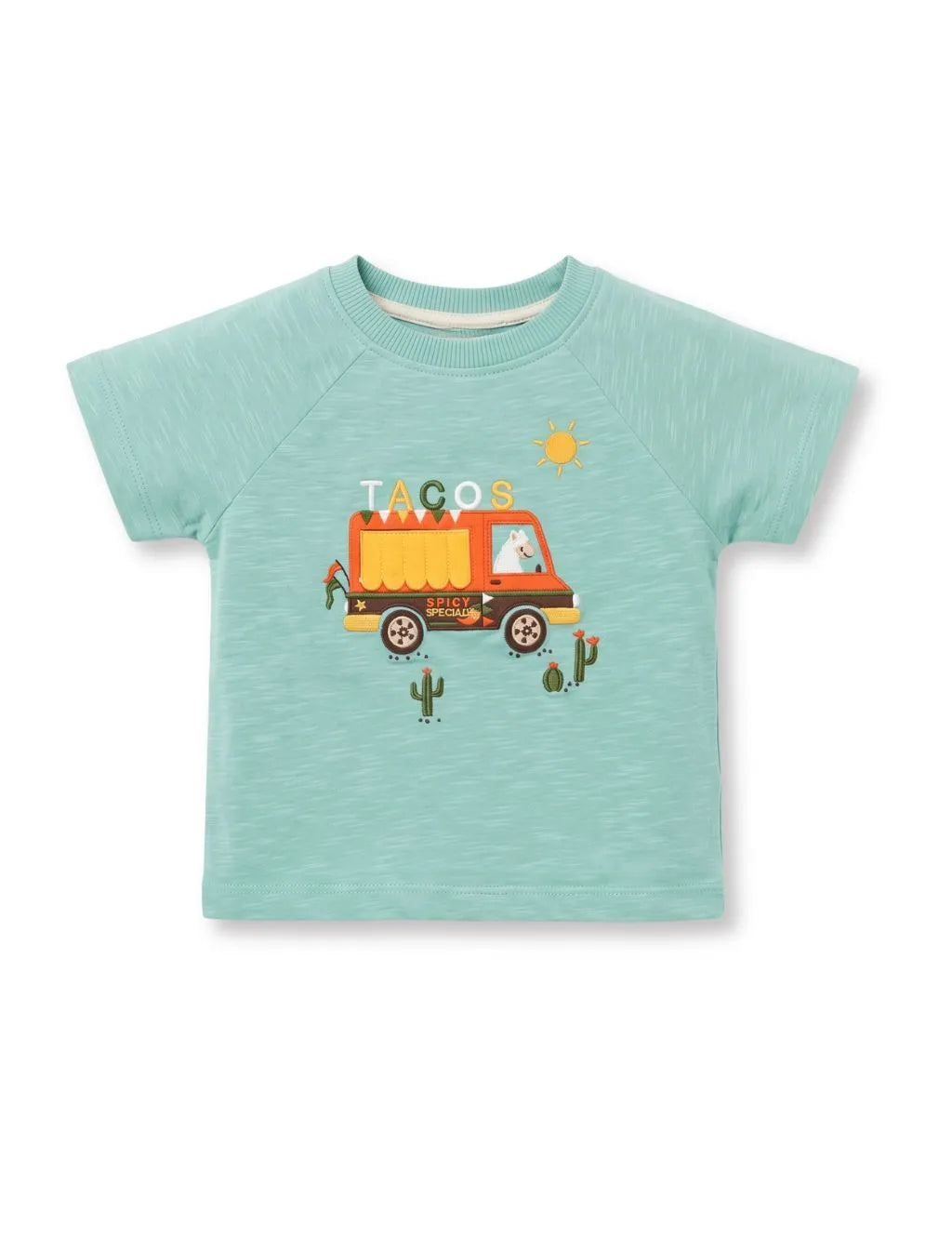 Flatlay of an organic cotton green short-sleeve top featuring a taco food truck graphic print and cactus details