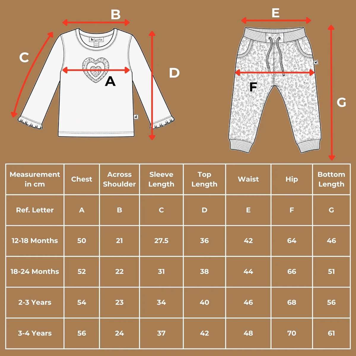 Size chart for the organic cotton teal heart print long-sleeve shirt and pants set with measurements in cm.