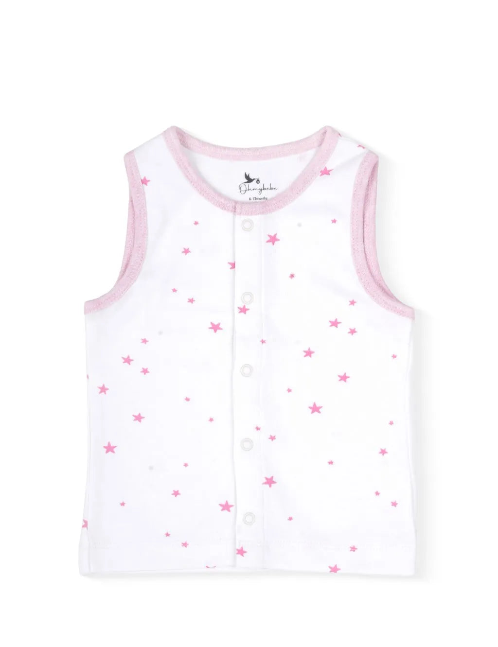 Flatlay of an organic cotton white and pink top featuring a star print and front snap closures.