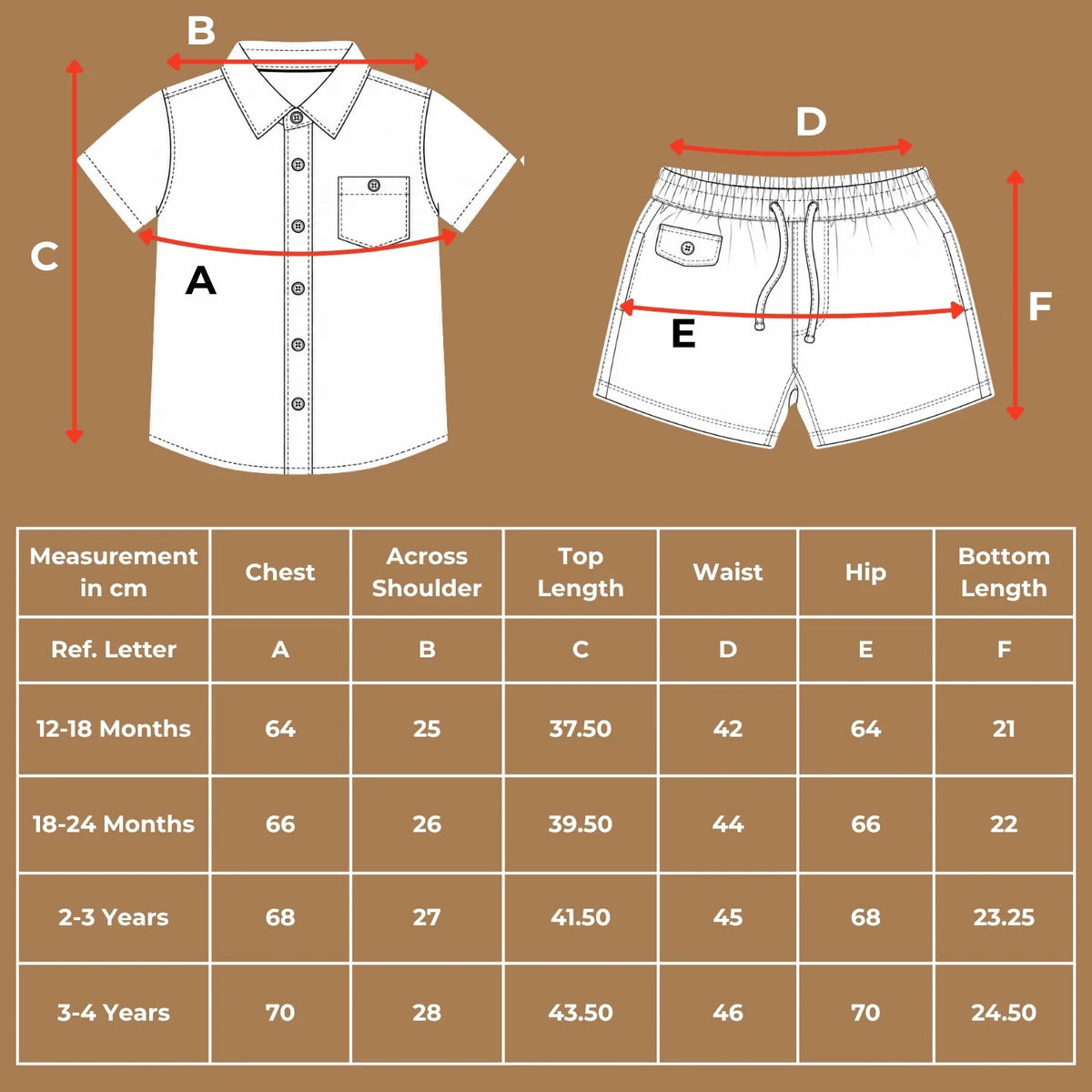 Size chart diagram and measurements table in centimeters for the organic cotton white collared shirt and black shorts set