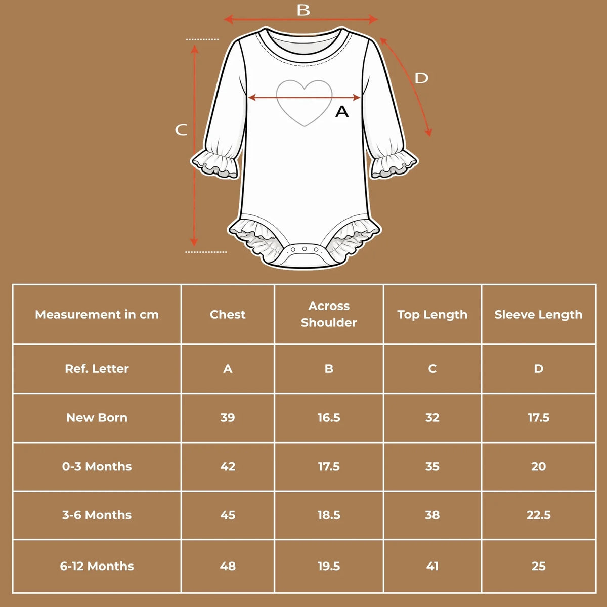 Size chart diagram and measurement table in centimeters for the organic cotton white long-sleeve onesie with a red heart, covering newborn to 12 months