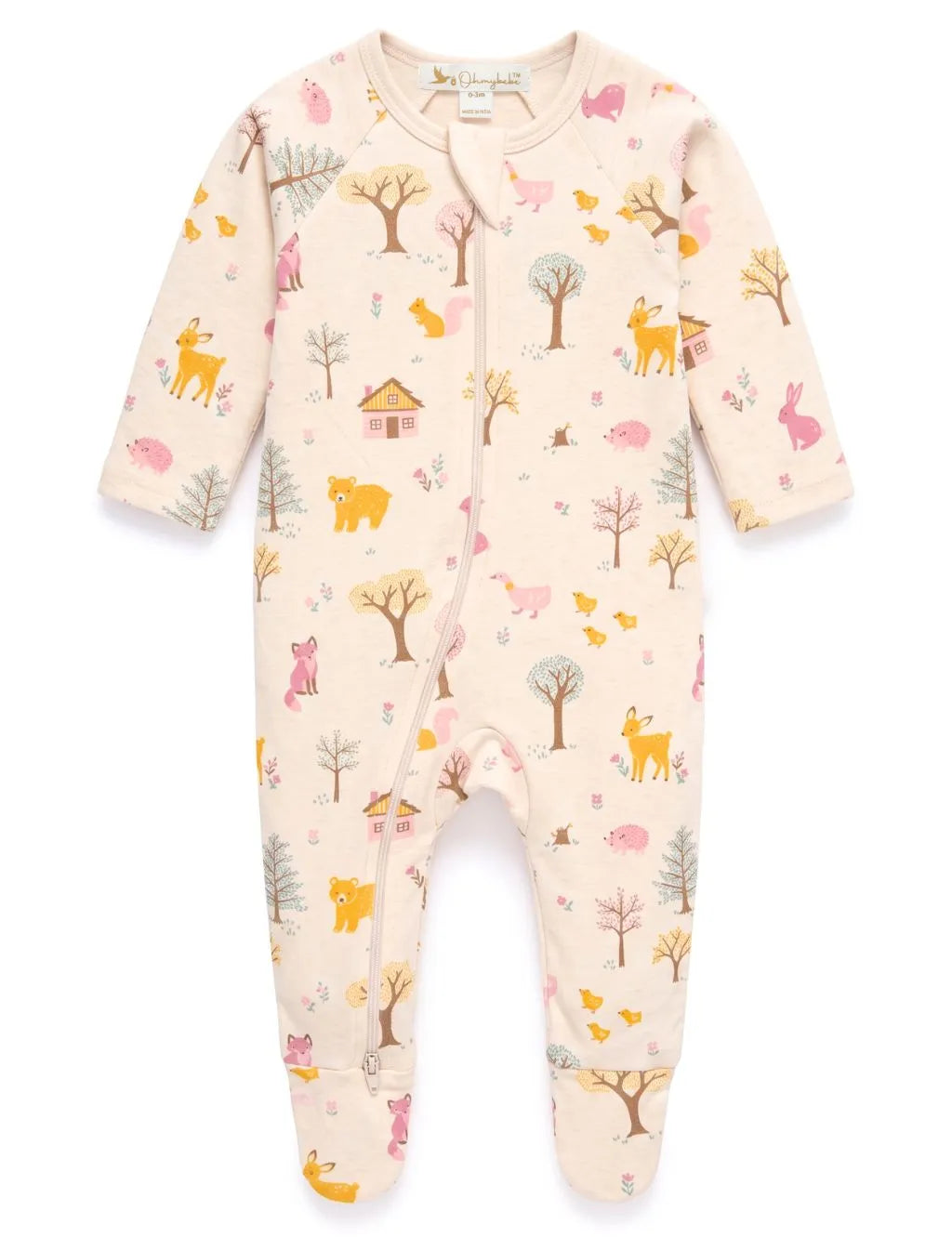 Flat lay of an organic cotton beige long-sleeve zippered jumpsuit with a woodland animal and forest print