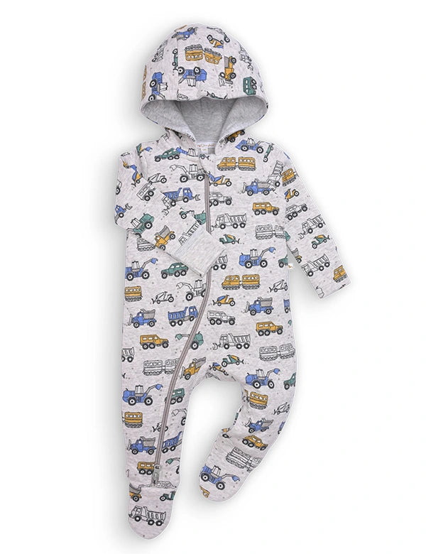 Organic newborn winter romper with hood featuring colorful truck and vehicle print on light gray fabric