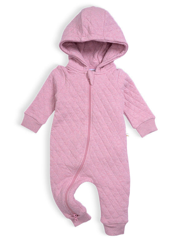 Premium hooded organic quilted pink baby jumpsuit with two-way zipper for newborns and babies — angled view