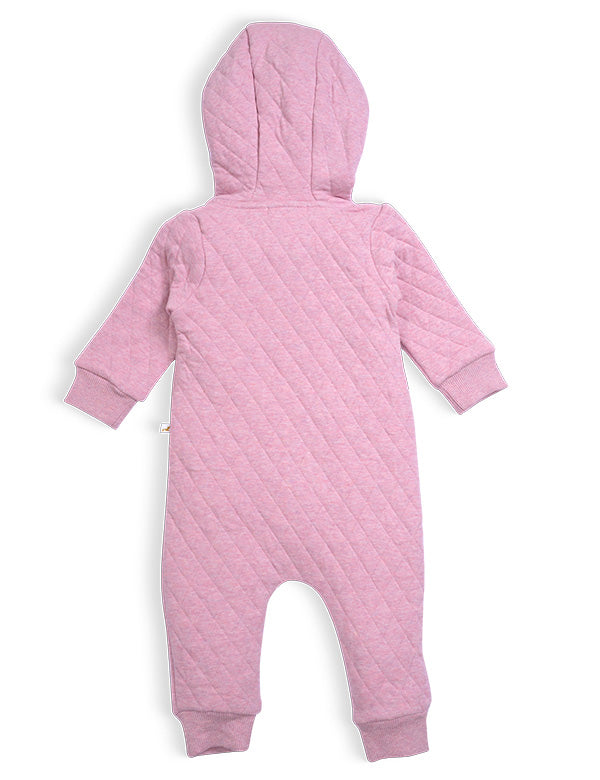 Back view of hooded pink quilted organic baby jumpsuit for newborns and infants with ribbed cuffs