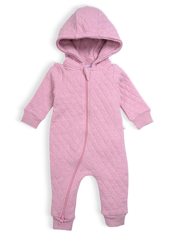 Pink organic quilted baby jumpsuit with hood and front zipper on white background