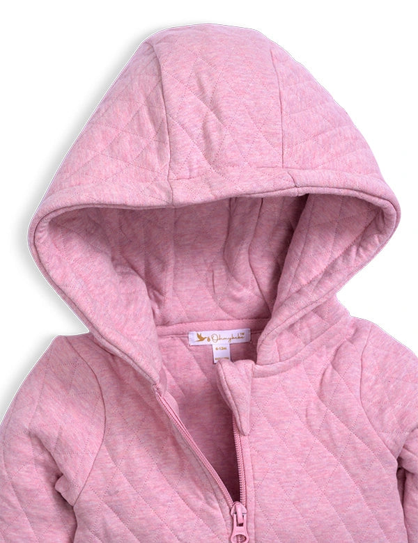 Close-up of organic pink quilted baby jumpsuit with hood and zipper