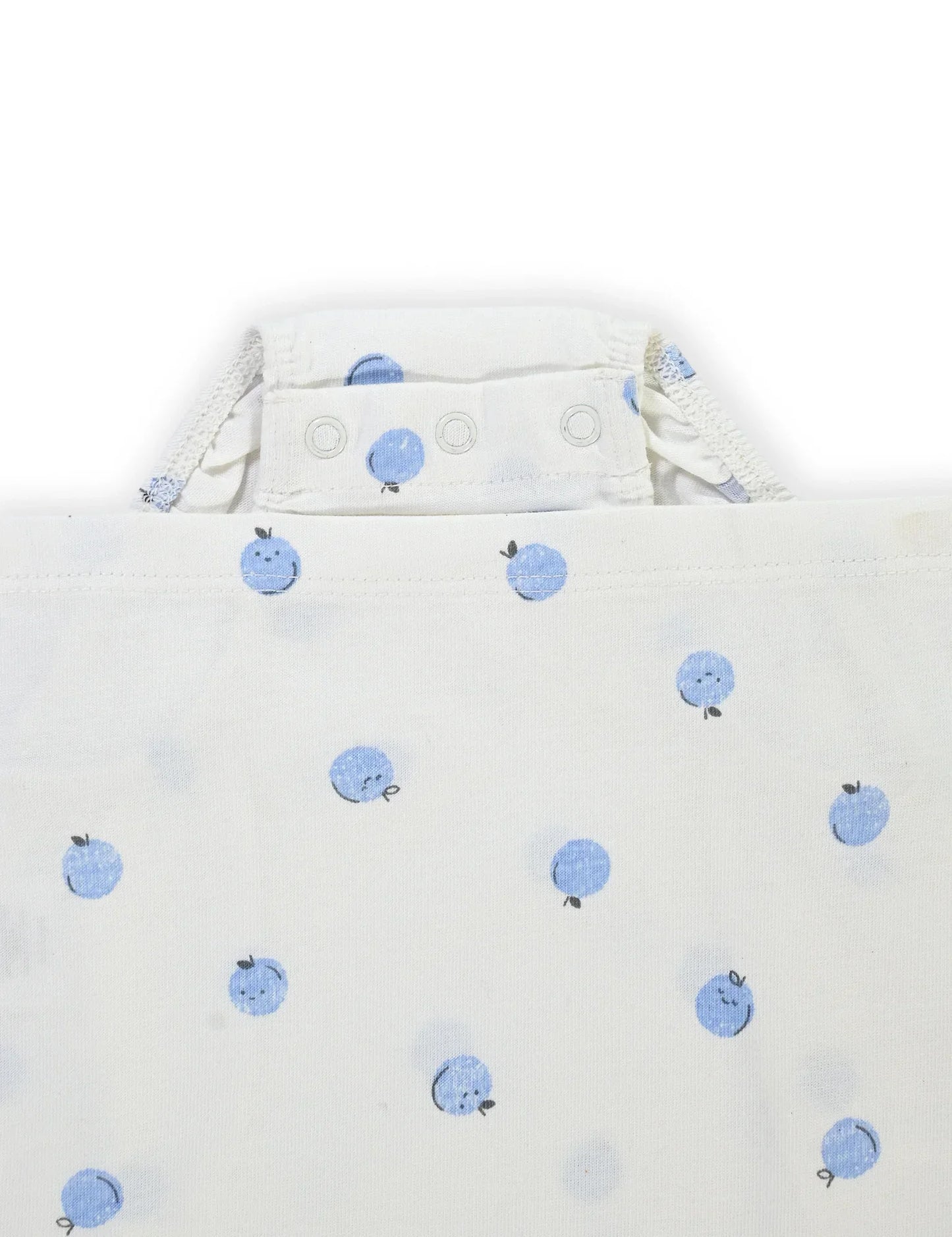 White baby bodysuit with snap closure featuring blue apple print pattern