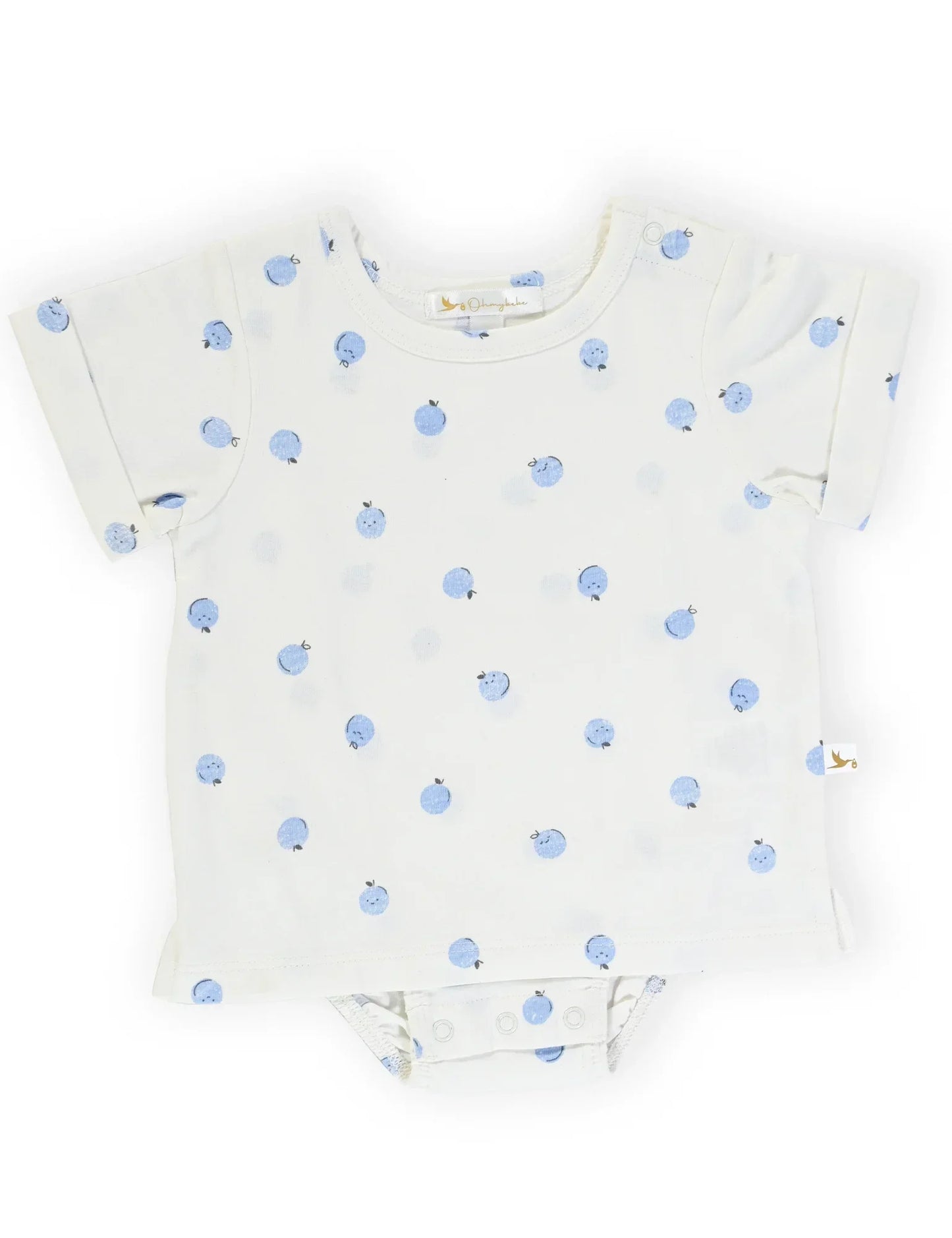 White baby bodysuit with short sleeves and blue apple print pattern