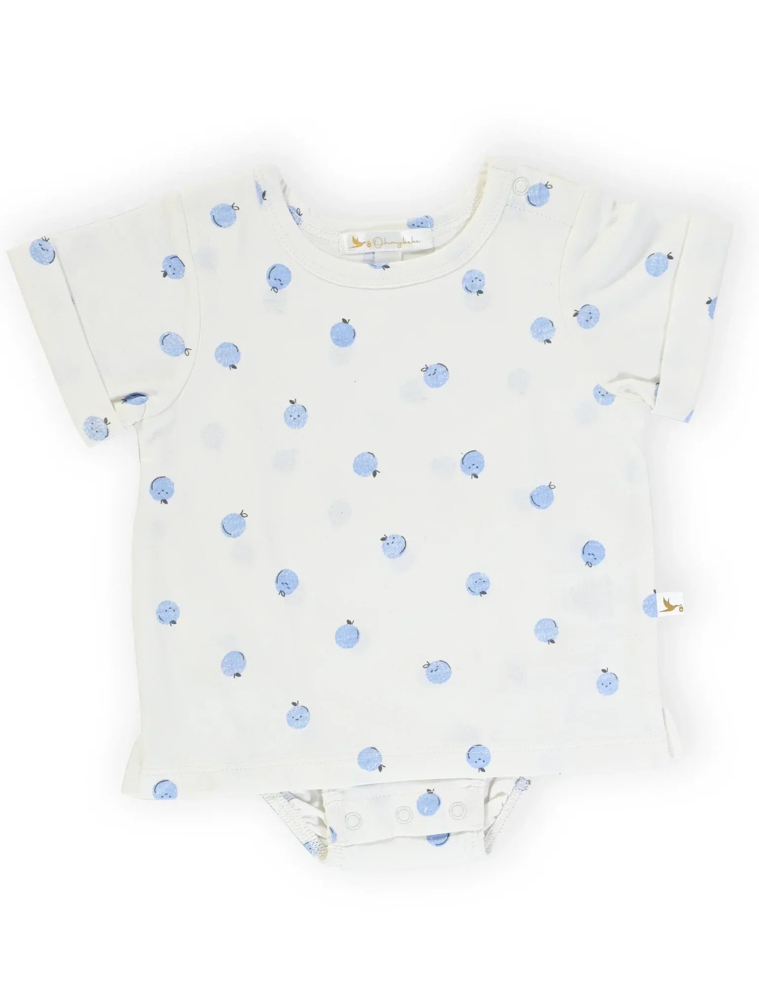 White baby bodysuit with short sleeves and blue apple print pattern