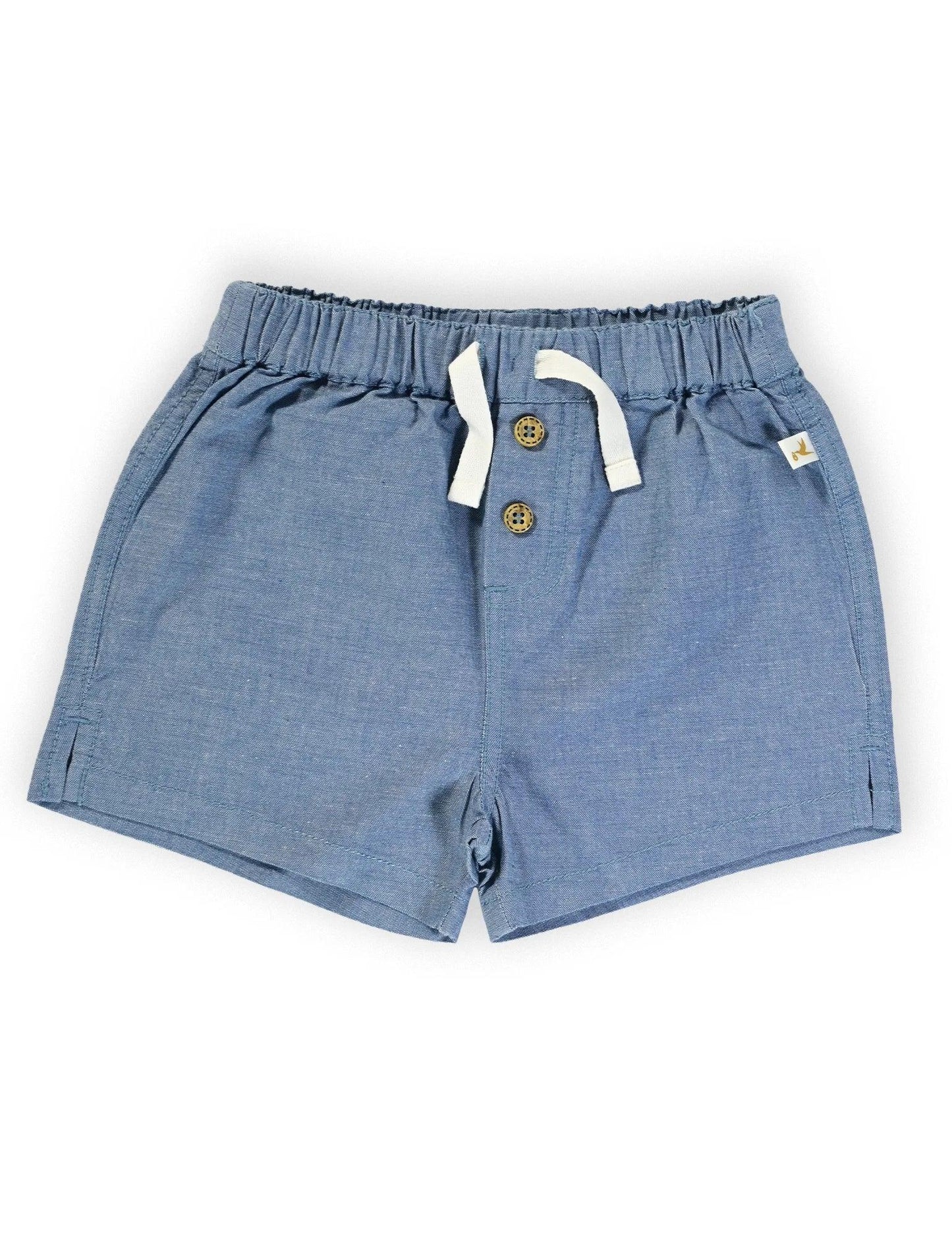 organic blue baby shorts with elastic waistband, white drawstring, and wooden buttons