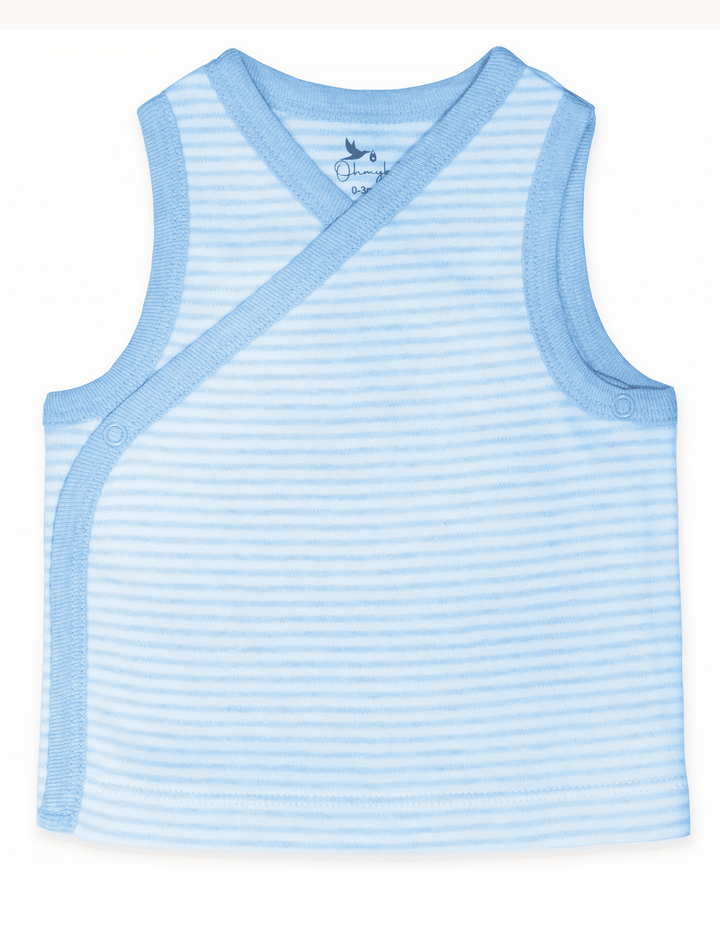 White and light blue striped Oh My Baby organic cotton baby singlet with a cross-over front. Buy soft baby innerwear online in India.