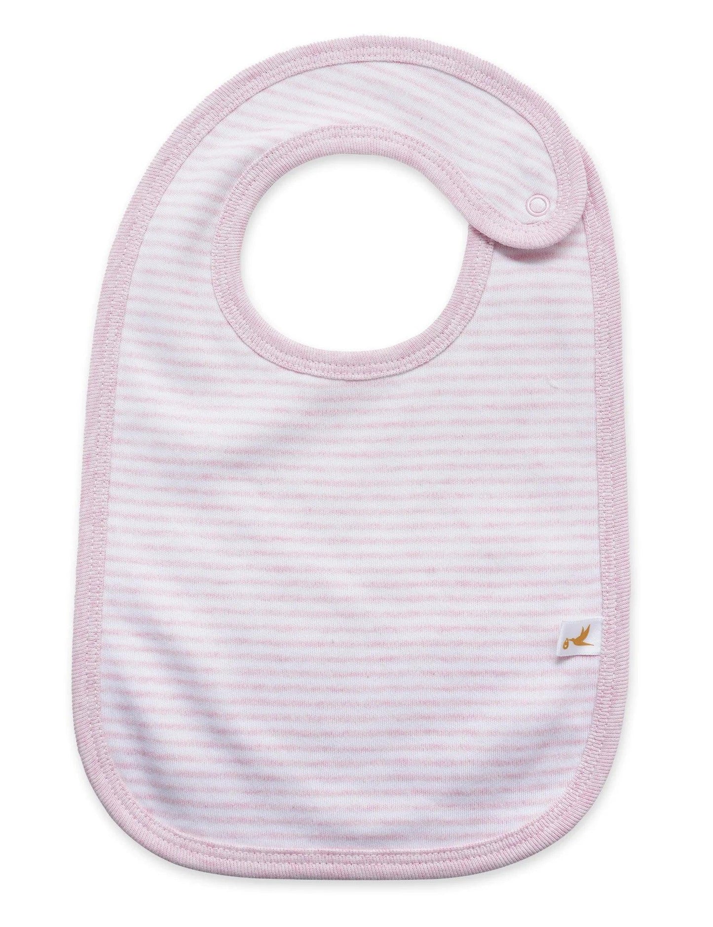 Organic cotton baby bib with light pink and white stripes and snap closure